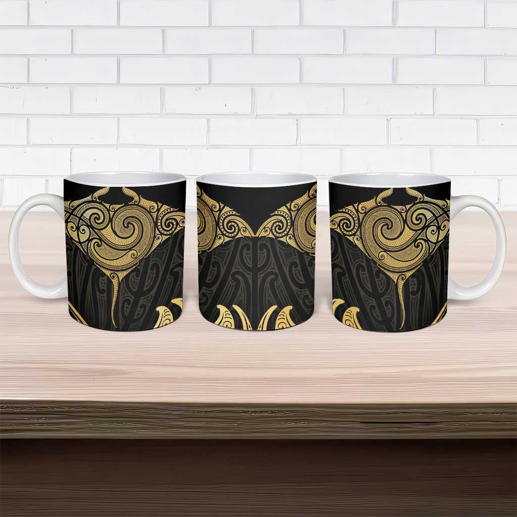 Gold Black New Zealand Manta Ray Ceramic Mug Aotearoa Maori Haehae - Polynesian Pride