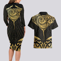 Gold Black New Zealand Manta Ray Couples Matching Long Sleeve Bodycon Dress and Hawaiian Shirt Aotearoa Maori Haehae - Polynesian Pride