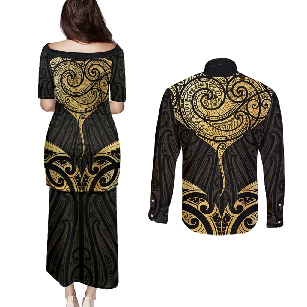 Gold Black New Zealand Manta Ray Couples Matching Puletasi and Long Sleeve Button Shirt Aotearoa Maori Haehae LT14 - Polynesian Pride