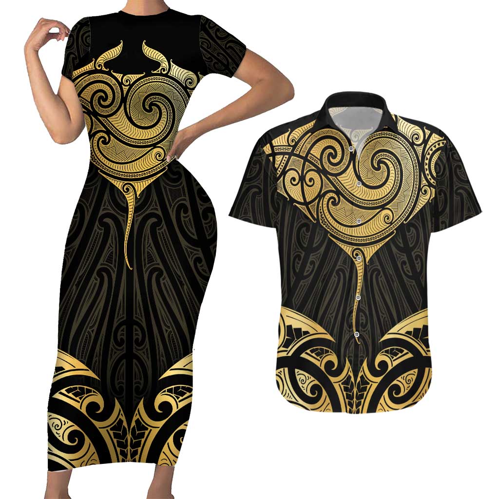 Gold Black New Zealand Manta Ray Couples Matching Short Sleeve Bodycon Dress and Hawaiian Shirt Aotearoa Maori Haehae - Polynesian Pride