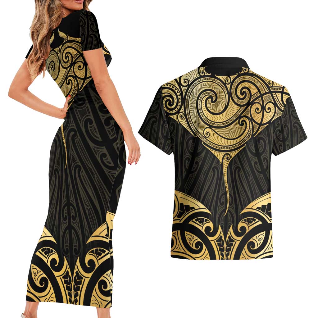 Gold Black New Zealand Manta Ray Couples Matching Short Sleeve Bodycon Dress and Hawaiian Shirt Aotearoa Maori Haehae - Polynesian Pride