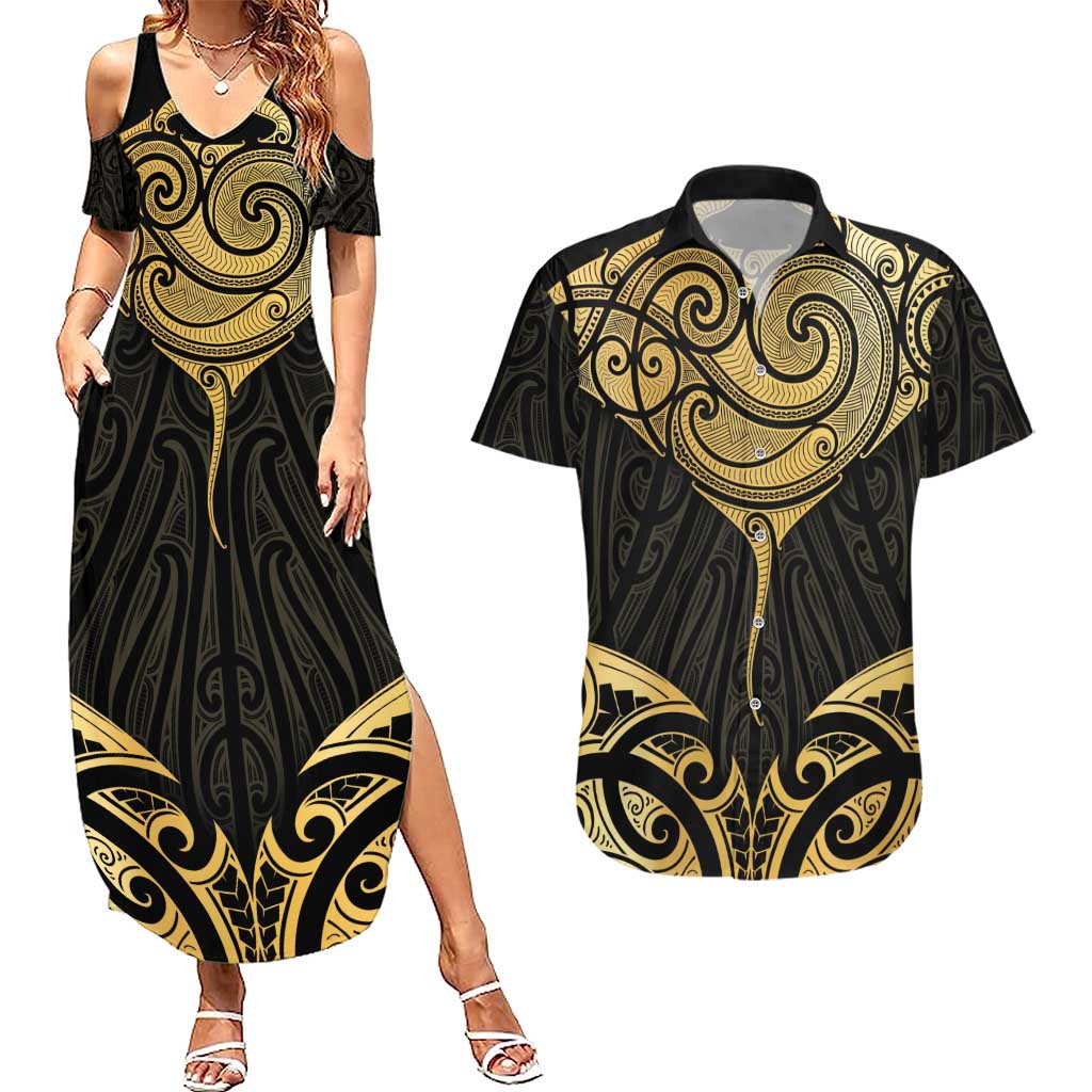 Gold Black New Zealand Manta Ray Couples Matching Summer Maxi Dress and Hawaiian Shirt Aotearoa Maori Haehae - Polynesian Pride