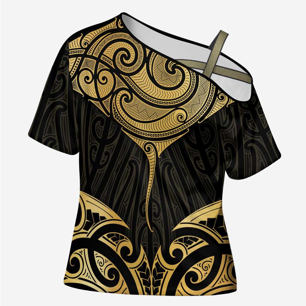 Gold Black New Zealand Manta Ray Cross Shoulder Shirt Aotearoa Maori Haehae LT14 Female Black - Polynesian Pride
