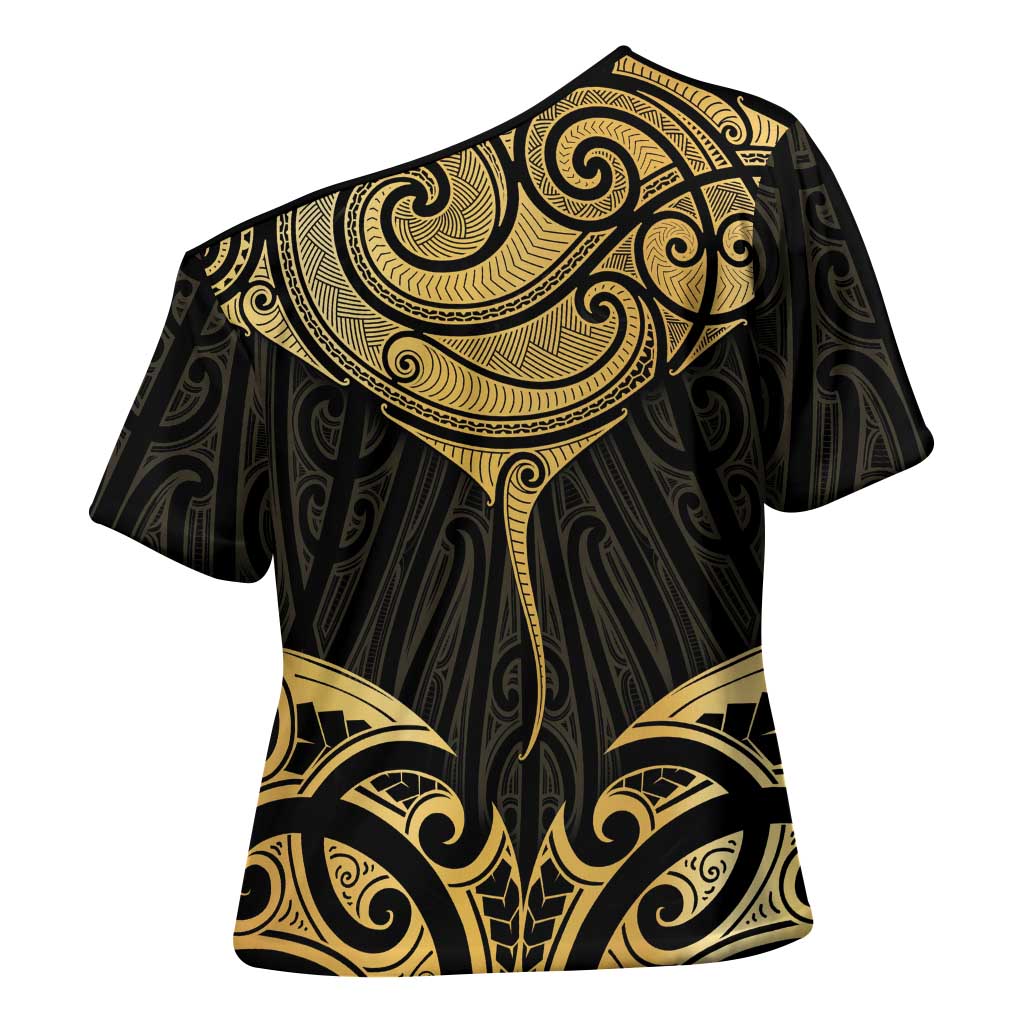 Gold Black New Zealand Manta Ray Cross Shoulder Shirt Aotearoa Maori Haehae LT14 - Polynesian Pride