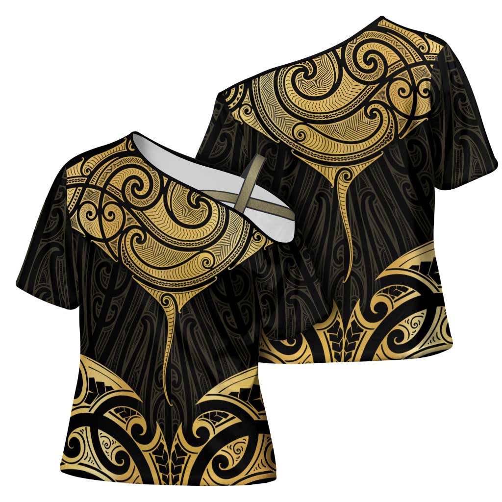 Gold Black New Zealand Manta Ray Cross Shoulder Shirt Aotearoa Maori Haehae LT14 - Polynesian Pride