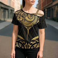 Gold Black New Zealand Manta Ray Cross Shoulder Shirt Aotearoa Maori Haehae LT14 - Polynesian Pride