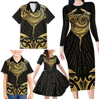 Gold Black New Zealand Manta Ray Family Matching Long Sleeve Bodycon Dress and Hawaiian Shirt Aotearoa Maori Haehae - Polynesian Pride