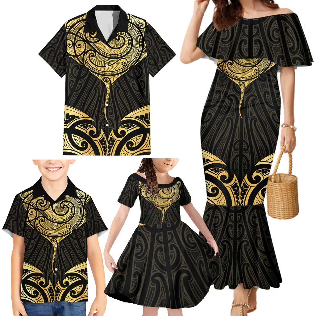 Gold Black New Zealand Manta Ray Family Matching Mermaid Dress and Hawaiian Shirt Aotearoa Maori Haehae - Polynesian Pride