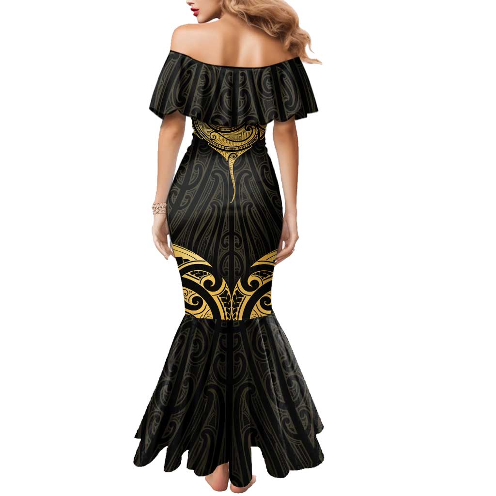 Gold Black New Zealand Manta Ray Family Matching Mermaid Dress and Hawaiian Shirt Aotearoa Maori Haehae - Polynesian Pride