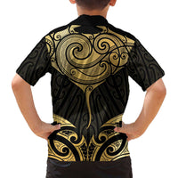 Gold Black New Zealand Manta Ray Family Matching Off The Shoulder Long Sleeve Dress and Hawaiian Shirt Aotearoa Maori Haehae - Polynesian Pride