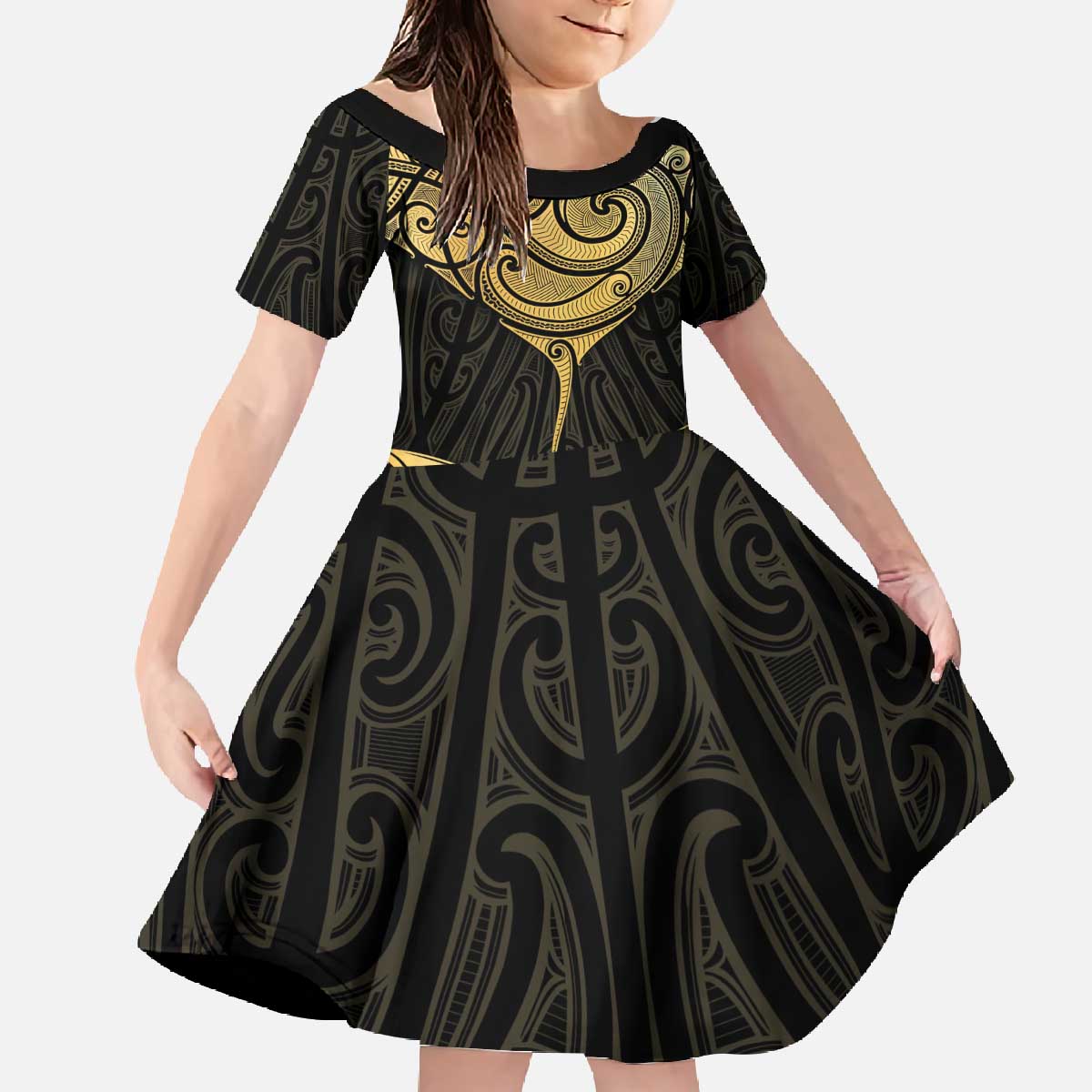 Gold Black New Zealand Manta Ray Family Matching Off The Shoulder Long Sleeve Dress and Hawaiian Shirt Aotearoa Maori Haehae - Polynesian Pride