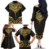 Gold Black New Zealand Manta Ray Family Matching Off The Shoulder Long Sleeve Dress and Hawaiian Shirt Aotearoa Maori Haehae - Polynesian Pride