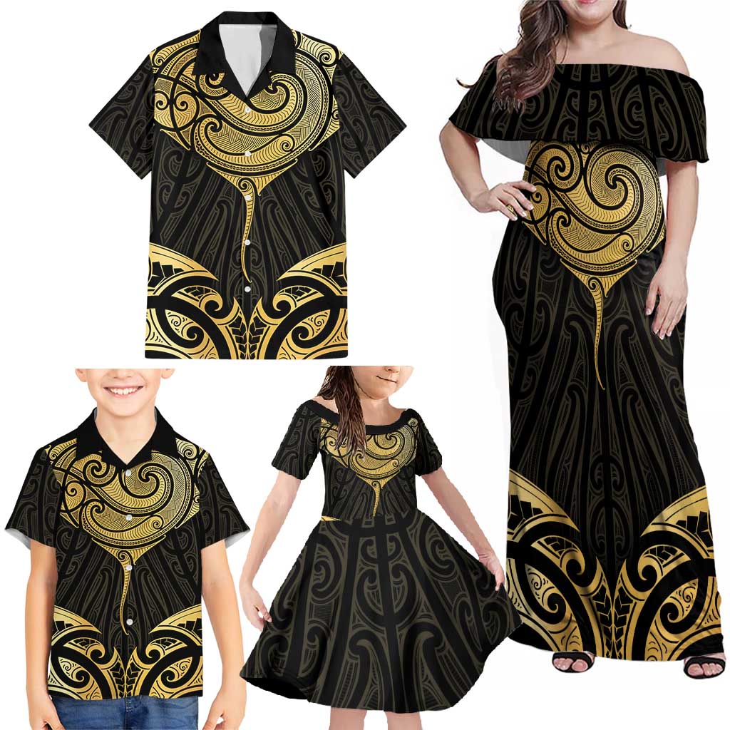 Gold Black New Zealand Manta Ray Family Matching Off Shoulder Maxi Dress and Hawaiian Shirt Aotearoa Maori Haehae - Polynesian Pride