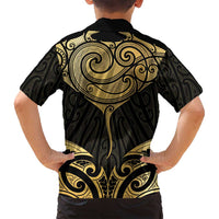 Gold Black New Zealand Manta Ray Family Matching Off Shoulder Short Dress and Hawaiian Shirt Aotearoa Maori Haehae LT14 - Polynesian Pride