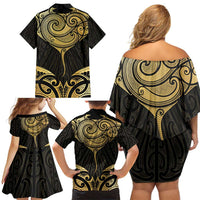 Gold Black New Zealand Manta Ray Family Matching Off Shoulder Short Dress and Hawaiian Shirt Aotearoa Maori Haehae LT14 - Polynesian Pride