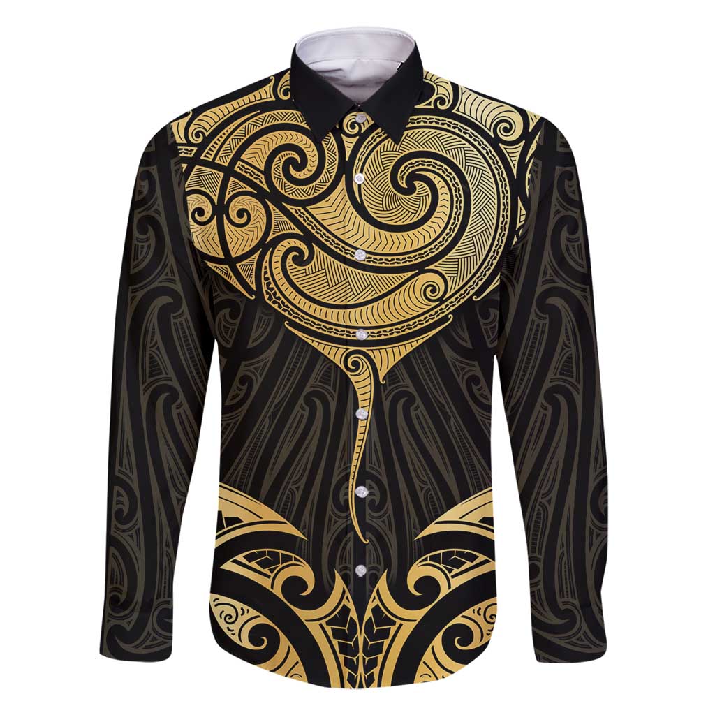 Gold Black New Zealand Manta Ray Family Matching Off Shoulder Short Dress and Hawaiian Shirt Aotearoa Maori Haehae LT14 Dad's Shirt - Long Sleeve Black - Polynesian Pride