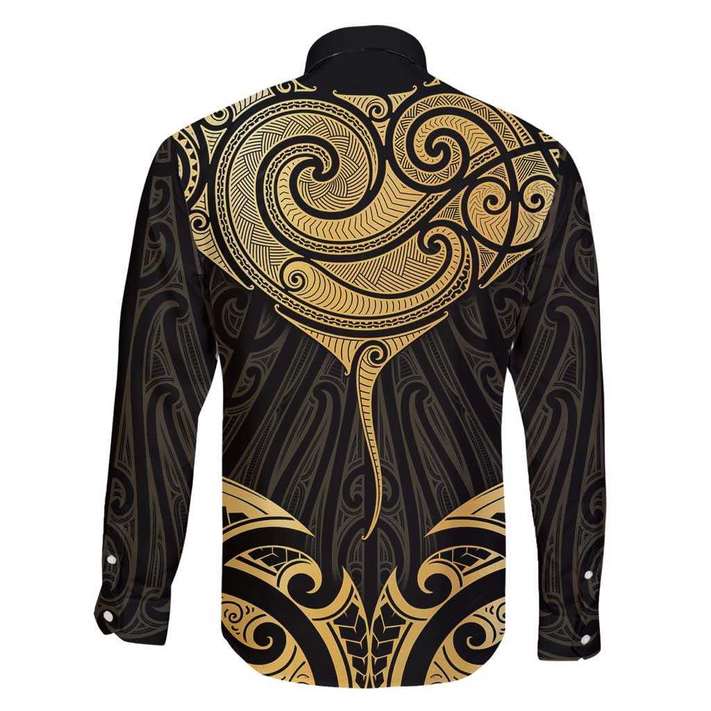 Gold Black New Zealand Manta Ray Family Matching Off Shoulder Short Dress and Hawaiian Shirt Aotearoa Maori Haehae LT14 - Polynesian Pride