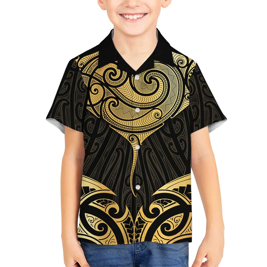 Gold Black New Zealand Manta Ray Family Matching Off Shoulder Short Dress and Hawaiian Shirt Aotearoa Maori Haehae LT14 Son's Shirt Black - Polynesian Pride