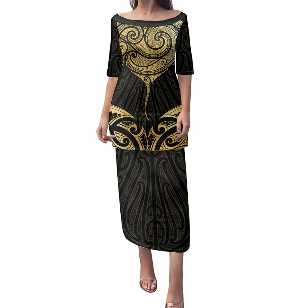 Gold Black New Zealand Manta Ray Family Matching Puletasi and Hawaiian Shirt Aotearoa Maori Haehae LT14 Mom's Dress Black - Polynesian Pride
