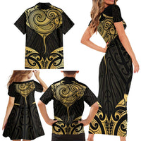 Gold Black New Zealand Manta Ray Family Matching Short Sleeve Bodycon Dress and Hawaiian Shirt Aotearoa Maori Haehae - Polynesian Pride