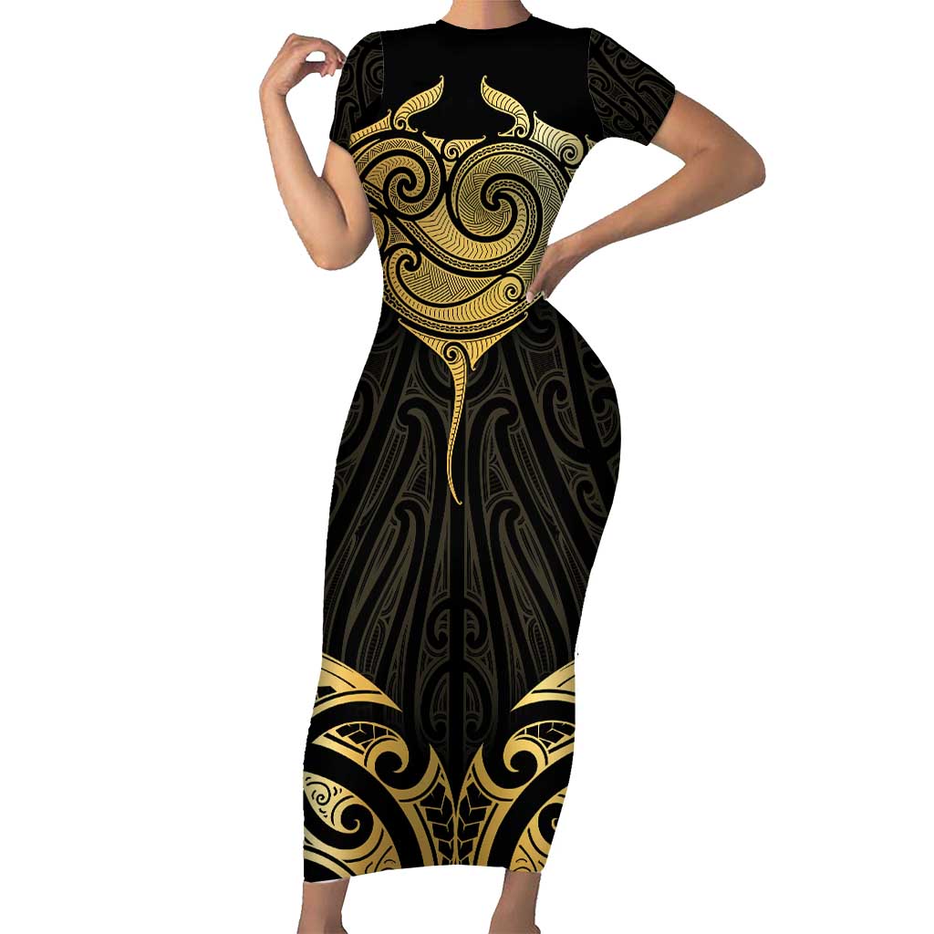 Gold Black New Zealand Manta Ray Family Matching Short Sleeve Bodycon Dress and Hawaiian Shirt Aotearoa Maori Haehae - Polynesian Pride