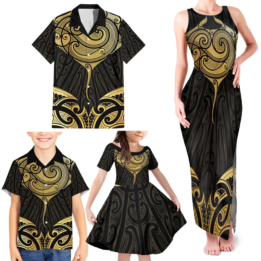 Gold Black New Zealand Manta Ray Family Matching Tank Maxi Dress and Hawaiian Shirt Aotearoa Maori Haehae - Polynesian Pride