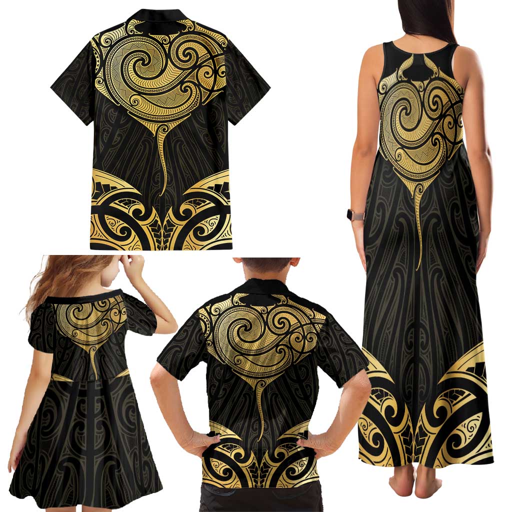 Gold Black New Zealand Manta Ray Family Matching Tank Maxi Dress and Hawaiian Shirt Aotearoa Maori Haehae - Polynesian Pride