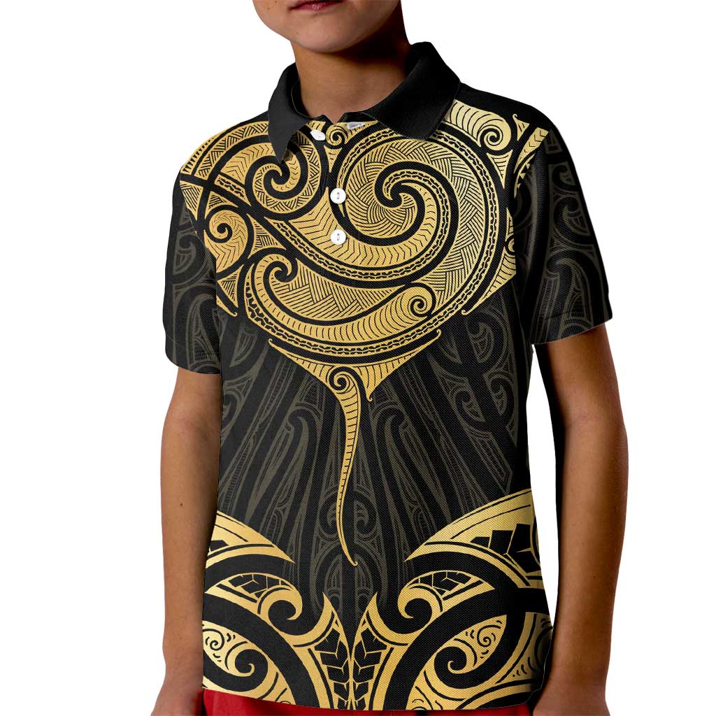 Gold Black New Zealand Manta Ray Kid Polo Shirt Aotearoa Maori Haehae - Polynesian Pride