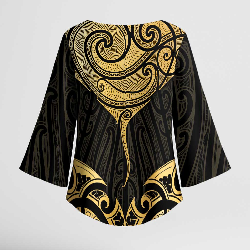 Gold Black New Zealand Manta Ray Kimono Sleeve Blouse Aotearoa Maori Haehae - Polynesian Pride