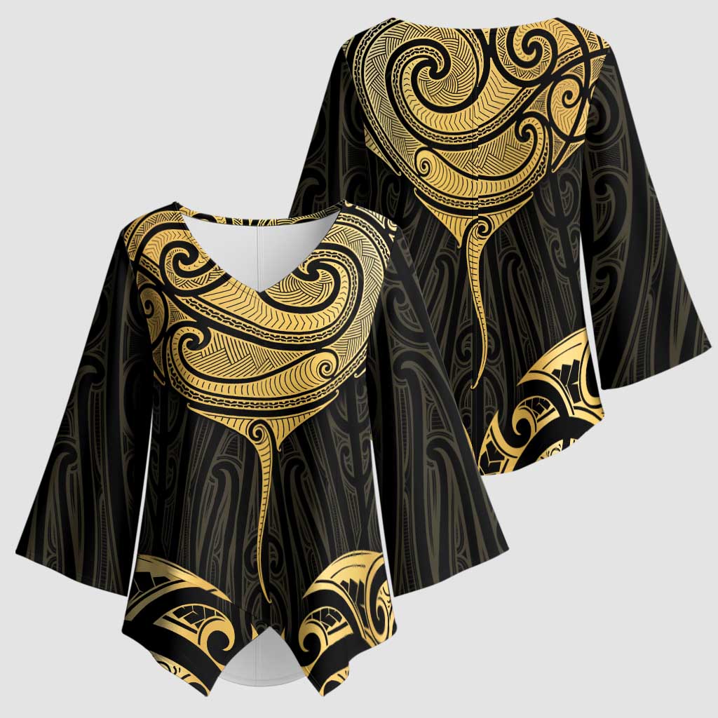 Gold Black New Zealand Manta Ray Kimono Sleeve Blouse Aotearoa Maori Haehae - Polynesian Pride