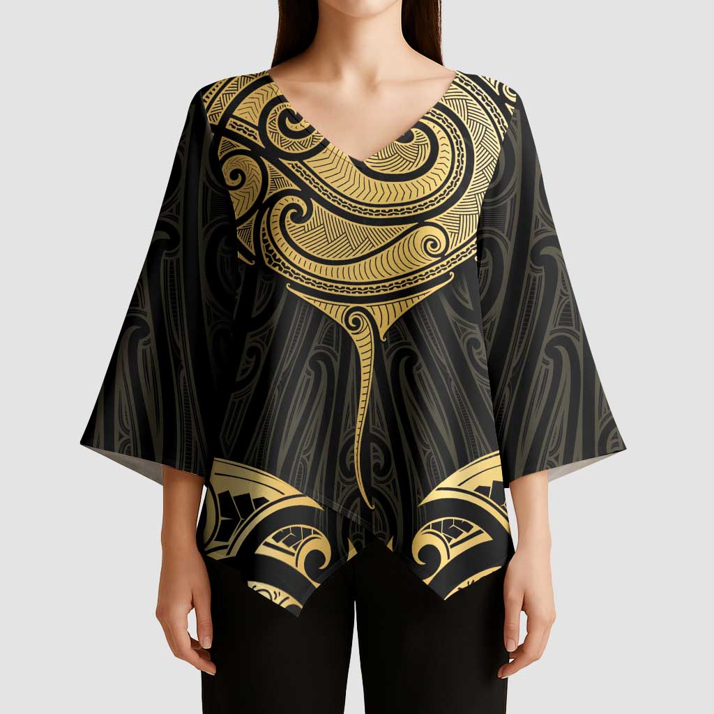 Gold Black New Zealand Manta Ray Kimono Sleeve Blouse Aotearoa Maori Haehae - Polynesian Pride