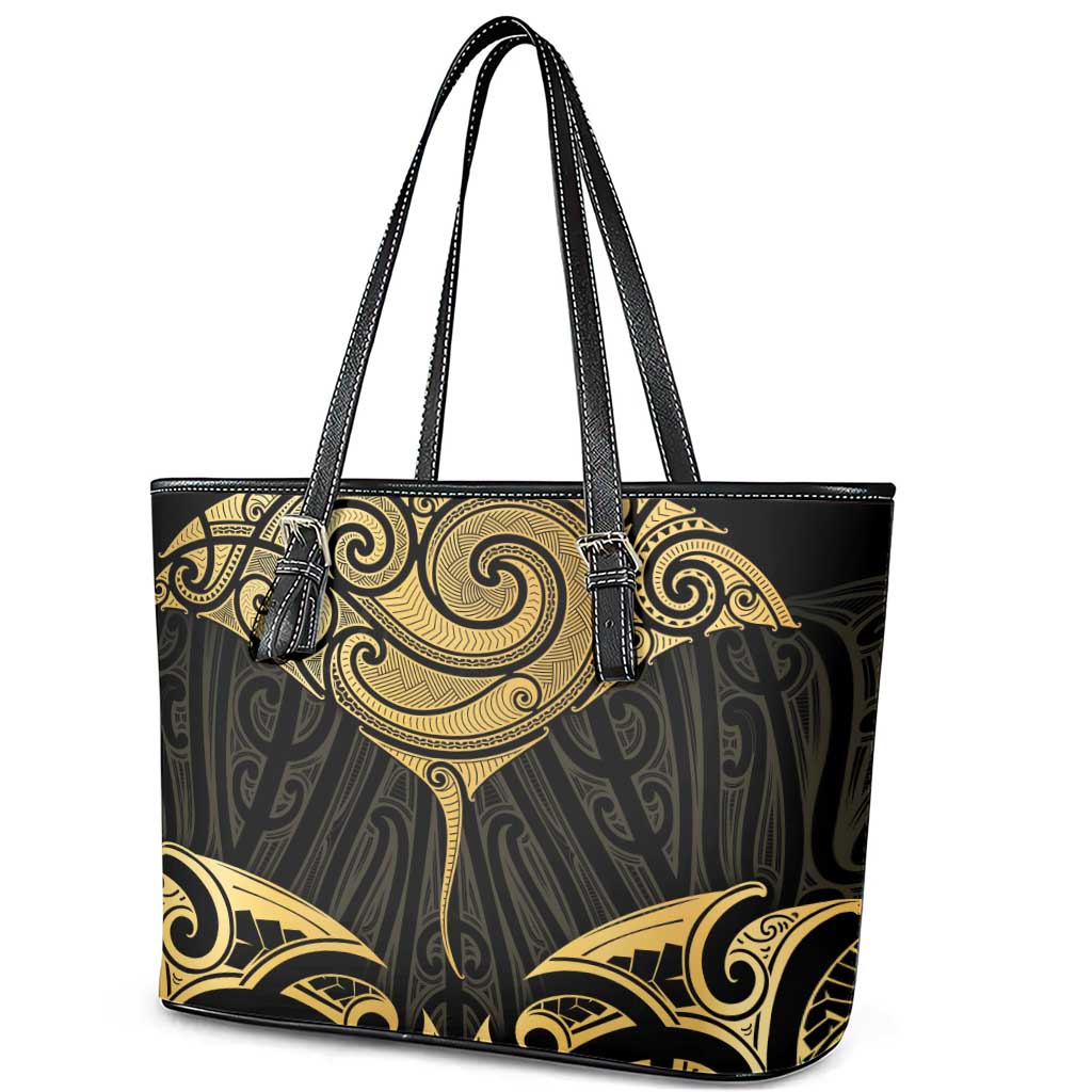 Gold Black New Zealand Manta Ray Leather Tote Bag Aotearoa Maori Haehae - Polynesian Pride