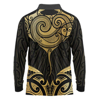 Gold Black New Zealand Manta Ray Long Sleeve Polo Shirt Aotearoa Maori Haehae - Polynesian Pride
