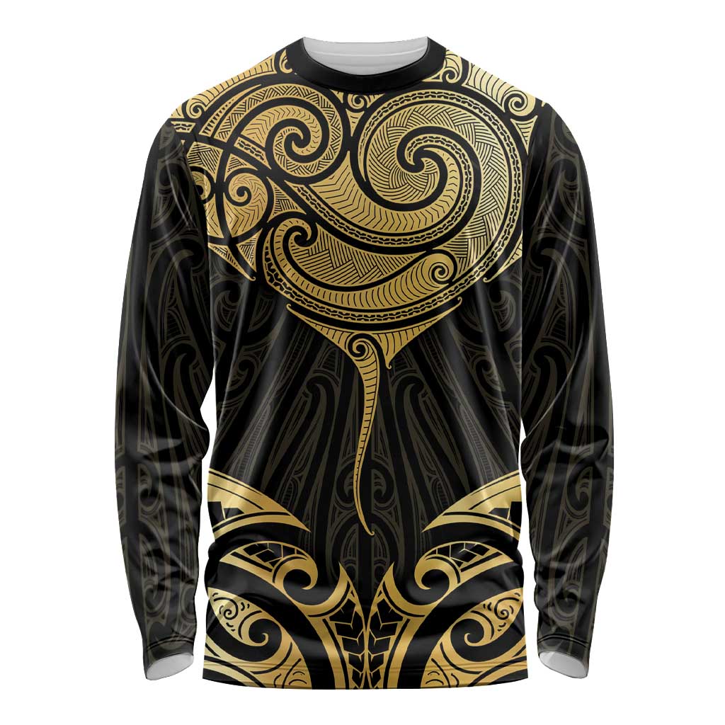 Gold Black New Zealand Manta Ray Long Sleeve Shirt Aotearoa Maori Haehae LT14 Unisex Black - Polynesian Pride