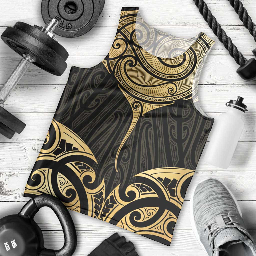 Gold Black New Zealand Manta Ray Men Tank Top Aotearoa Maori Haehae - Polynesian Pride