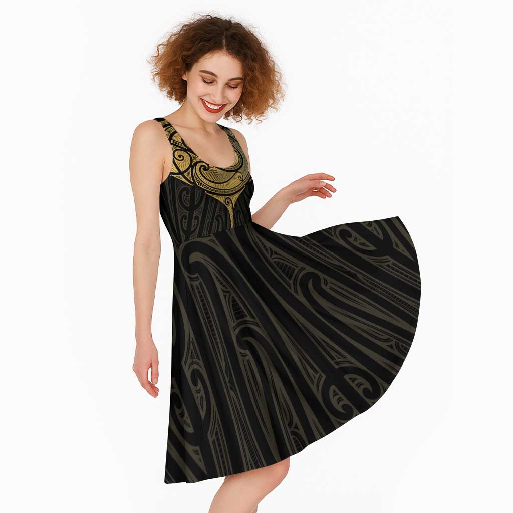 Gold Black New Zealand Manta Ray Midi Dress Aotearoa Maori Haehae - Polynesian Pride