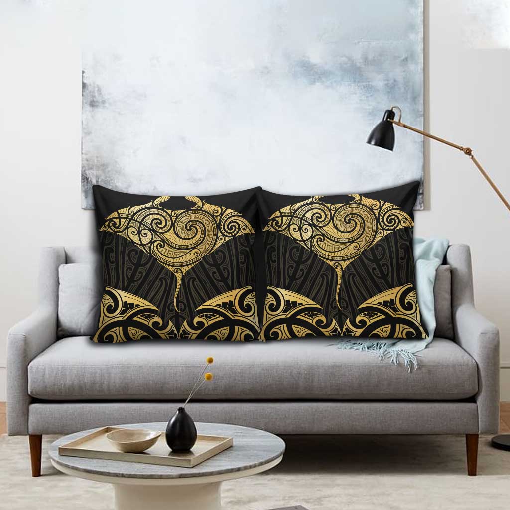 Gold Black New Zealand Manta Ray Pillow Cover Aotearoa Maori Haehae - Polynesian Pride