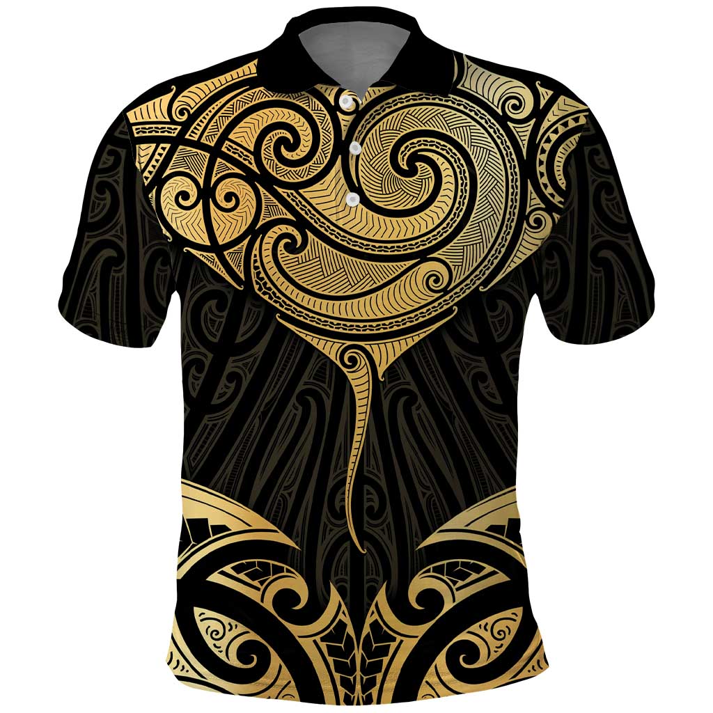 Gold Black New Zealand Manta Ray Polo Shirt Aotearoa Maori Haehae - Polynesian Pride
