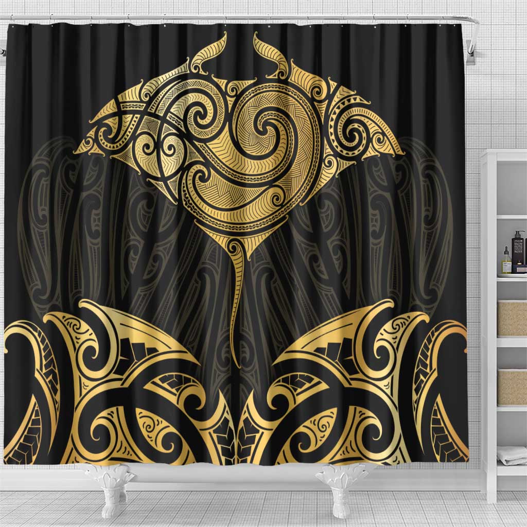 Gold Black New Zealand Manta Ray Shower Curtain Aotearoa Maori Haehae - Polynesian Pride