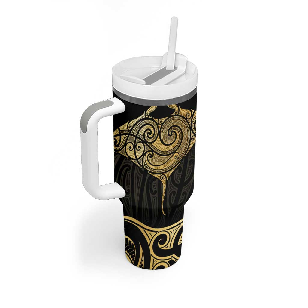 Gold Black New Zealand Manta Ray Tumbler With Handle Aotearoa Maori Haehae LT14 - Polynesian Pride