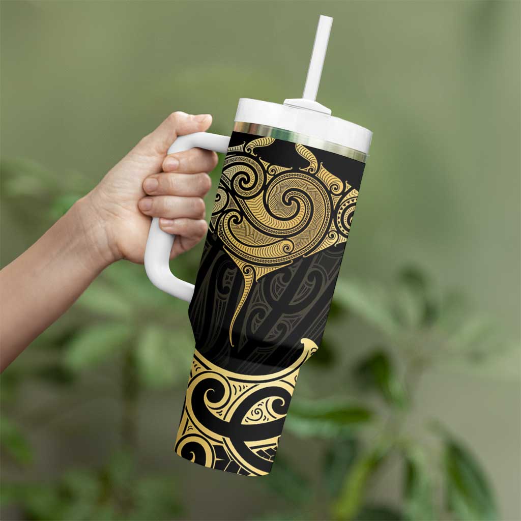 Gold Black New Zealand Manta Ray Tumbler With Handle Aotearoa Maori Haehae LT14 - Polynesian Pride