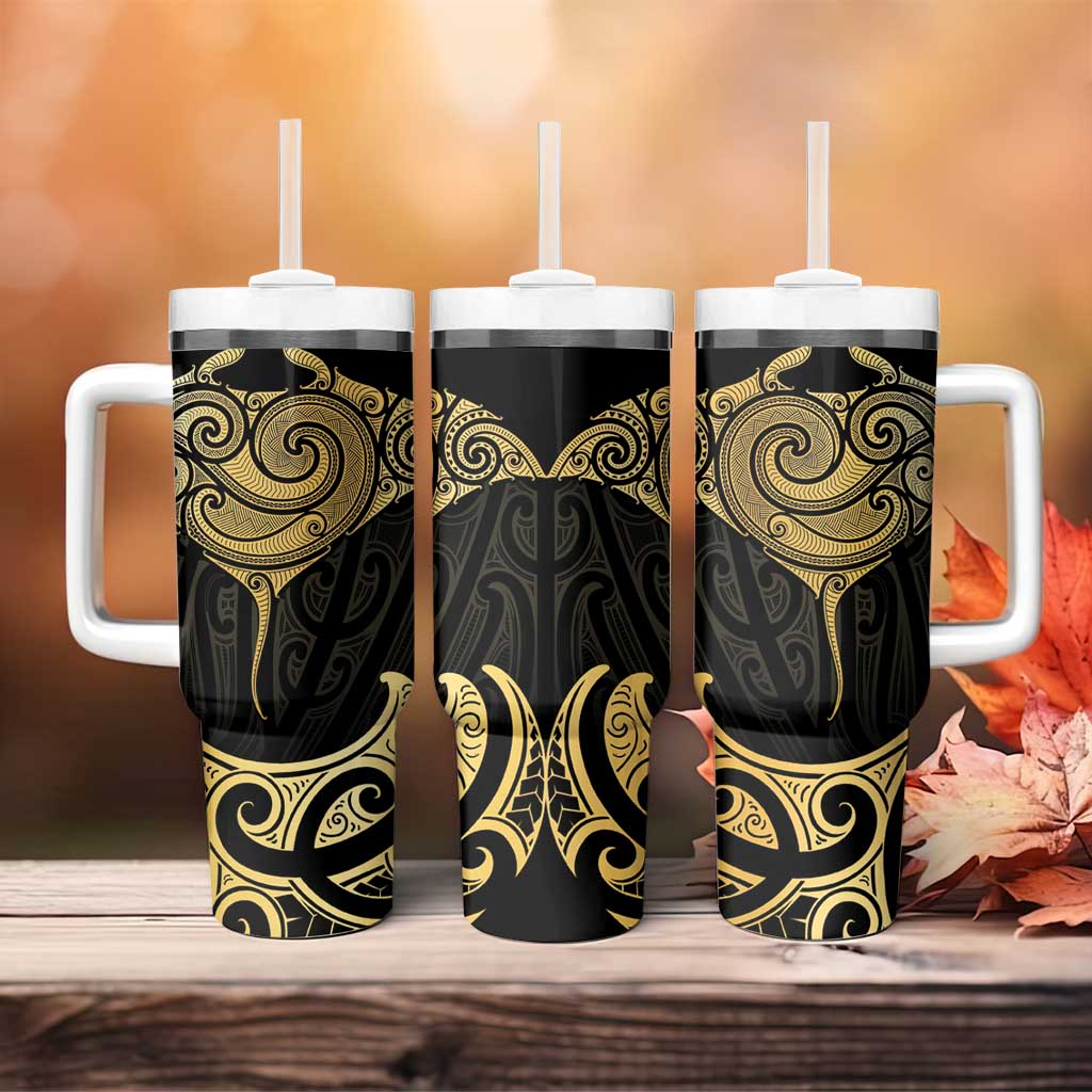 Gold Black New Zealand Manta Ray Tumbler With Handle Aotearoa Maori Haehae LT14 - Polynesian Pride