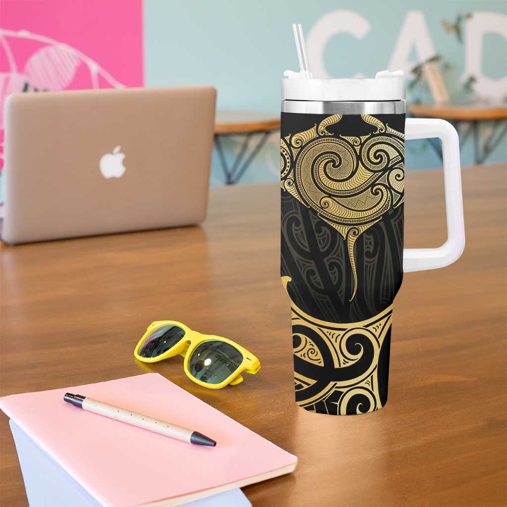 Gold Black New Zealand Manta Ray Tumbler With Handle Aotearoa Maori Haehae LT14 - Polynesian Pride