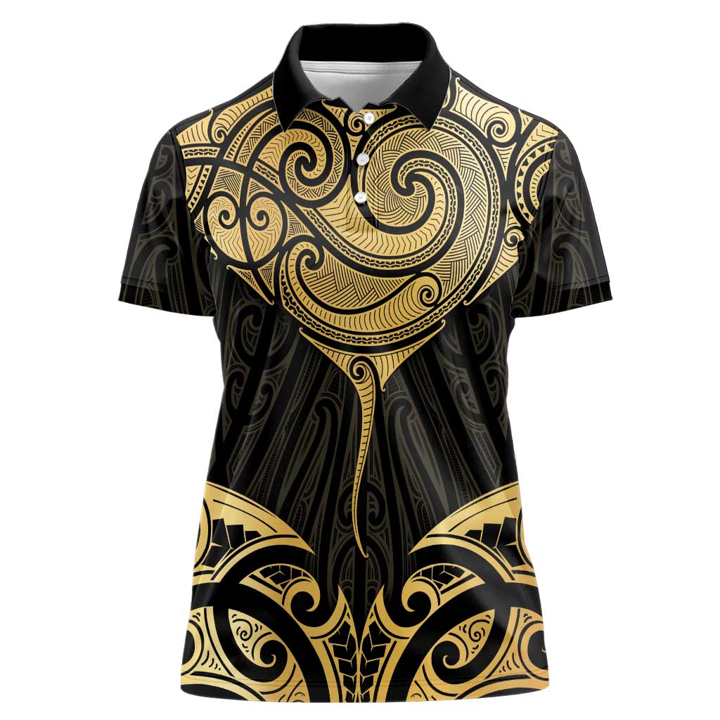Gold Black New Zealand Manta Ray Women Polo Shirt Aotearoa Maori Haehae - Polynesian Pride