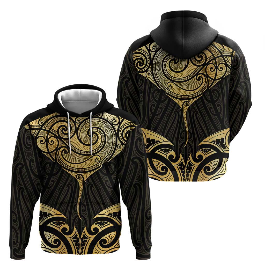 Gold Black New Zealand Manta Ray Zip Hoodie Aotearoa Maori Haehae - Polynesian Pride