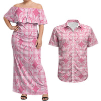 Alaka Hawaii Iwa Bird Palaka Motifs Couples Matching Off Shoulder Maxi Dress and Hawaiian Shirt LT14 Pink - Polynesian Pride