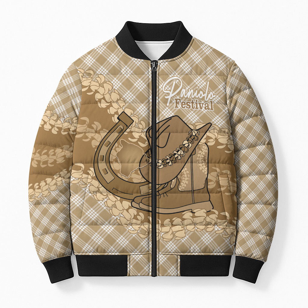 Makue Hawaii Cowboy Palaka Motifs Personalised Bomber Puffer Jacket Paniolo Festival Puakenikeni Lei