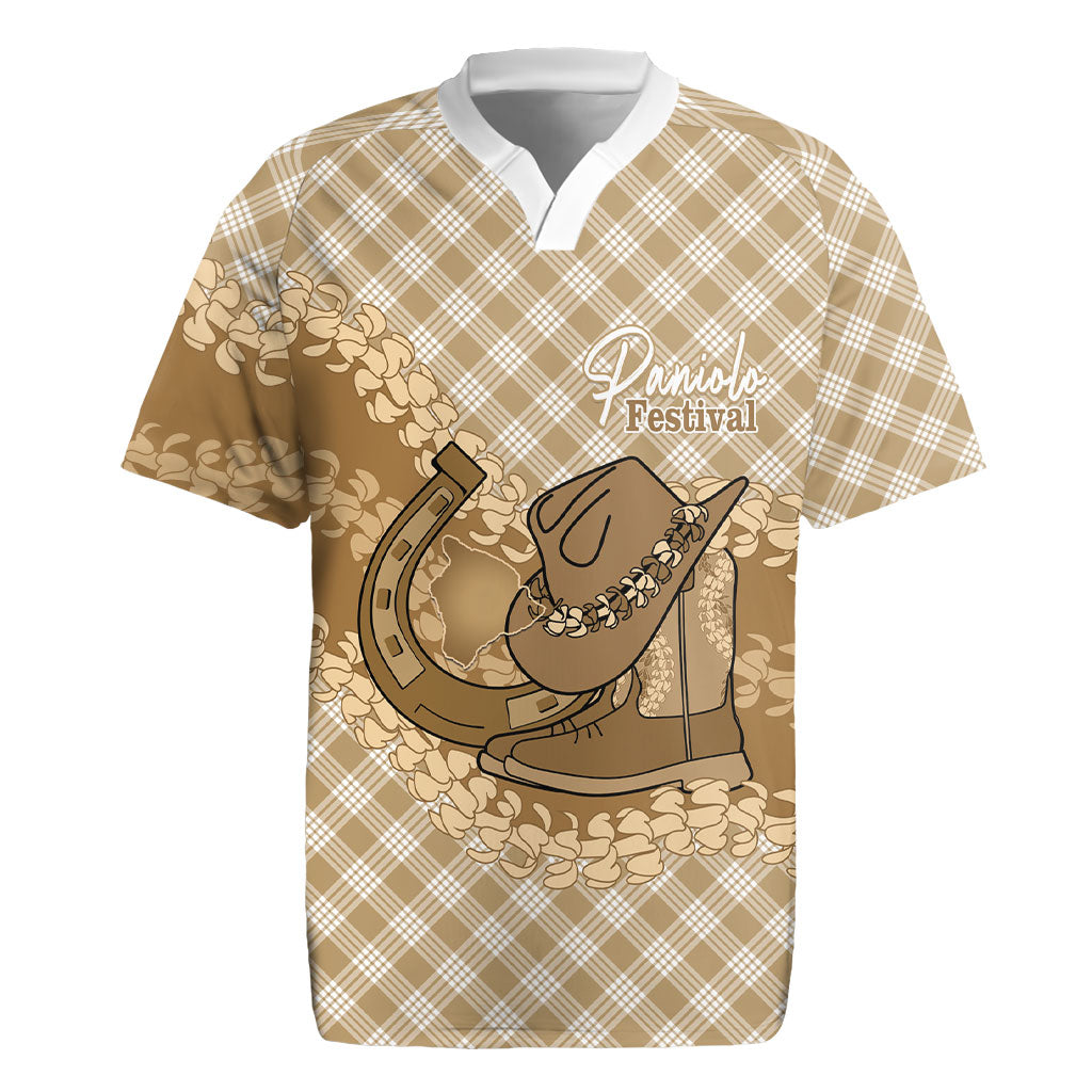 Makue Hawaii Cowboy Palaka Motifs Personalised Rugby Jersey Paniolo Festival Puakenikeni Lei