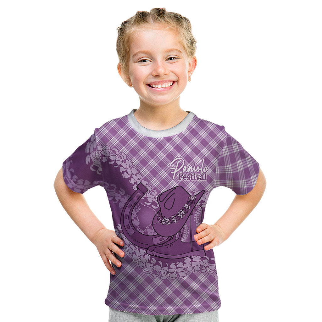 Poni Hawaii Cowboy Palaka Motifs Personalised Kid T Shirt Paniolo Festival Puakenikeni Lei LT14 Purple - Polynesian Pride