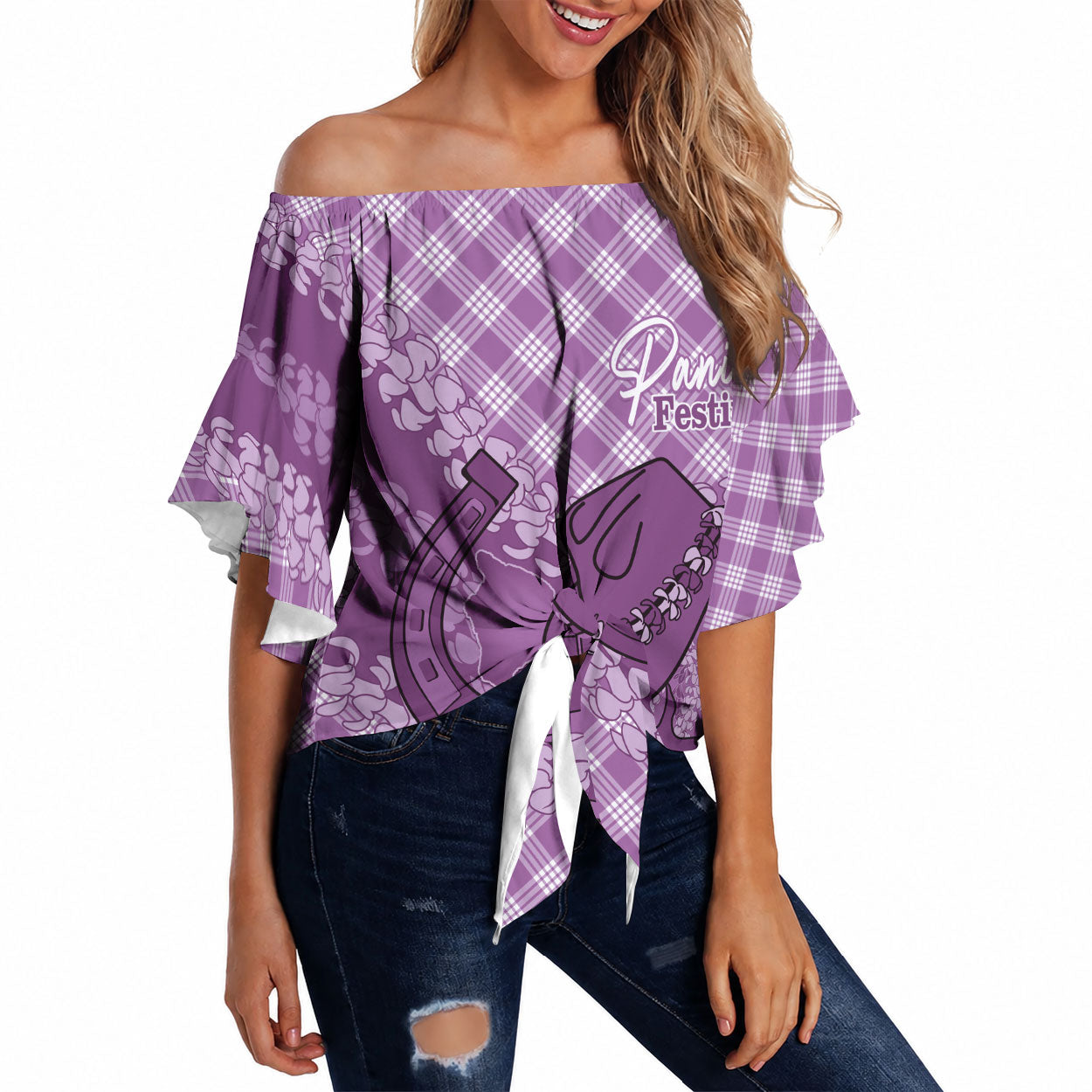 Poni Hawaii Cowboy Palaka Motifs Personalised Off Shoulder Wrap Waist Top Paniolo Festival Puakenikeni Lei LT14 Purple - Polynesian Pride